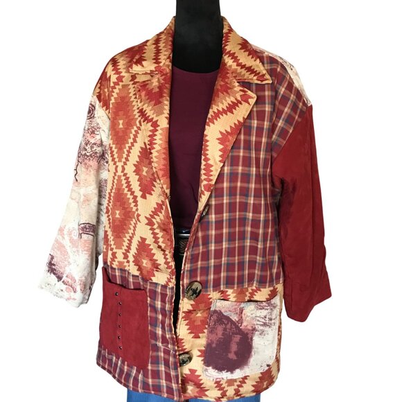 Upcycled Tapestry Coat M - L: Handmade Lined Southwestern Aztec Patchwork Jacket - Picture 4 of 16